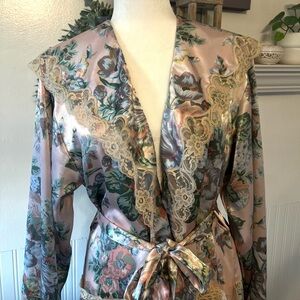Vintage Gold Label Victoria’s Secret Long Pink Satin Floral Print Lace Robe